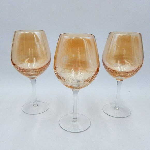 Pier 1 One Golden Luster Amber Crackle Mouth Blown Balloon Red Wine Glass Set/3 - Picture 3 of 10
